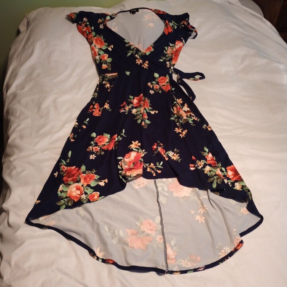 By & By Wrap Tie Front Dress High/Low Hem XL Comfy Stretch Blue Floral Plussize